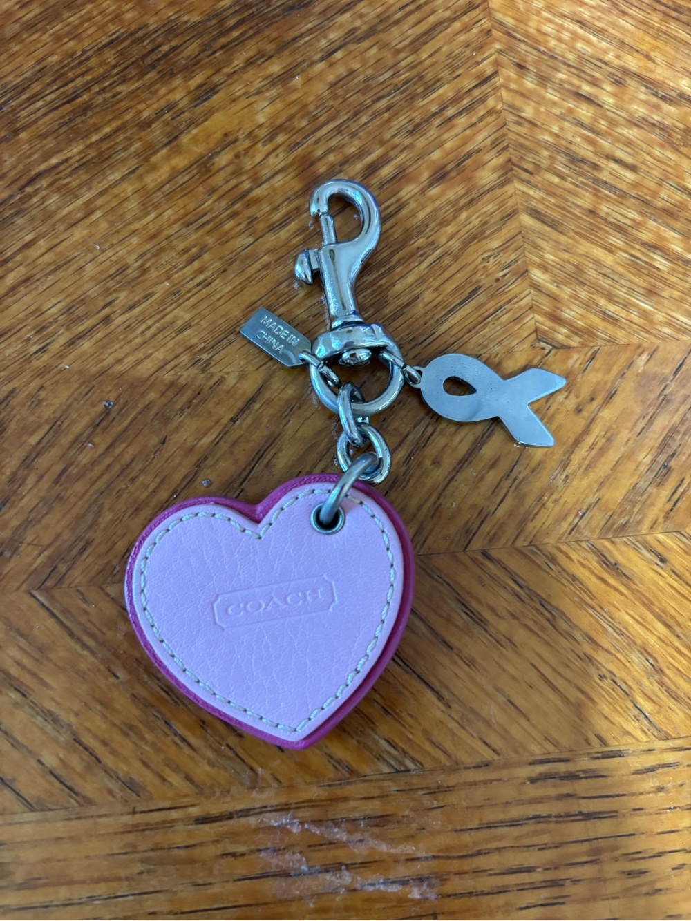 Coach Pink Heart Monogram Keychain Charm with Breast Cancer Ribbon Accent - Picture 2 of 4